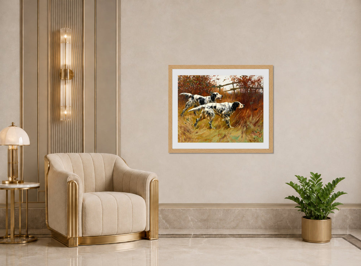 Thomas Blinks Print, English Setters displayed in an Art Deco interior