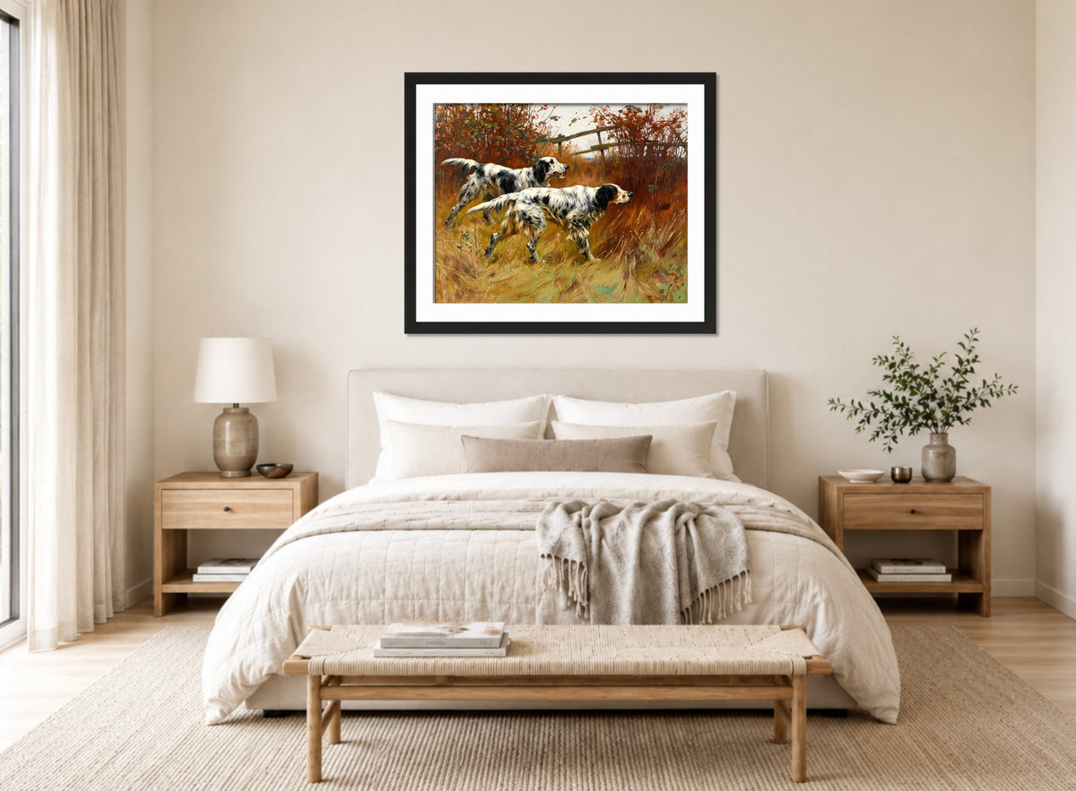 Thomas Blinks Print, English Setters displayed above a bed