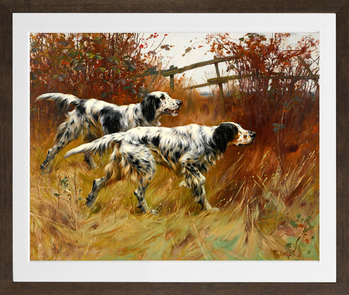 Thomas Blinks Print, English Setters in a brown frame