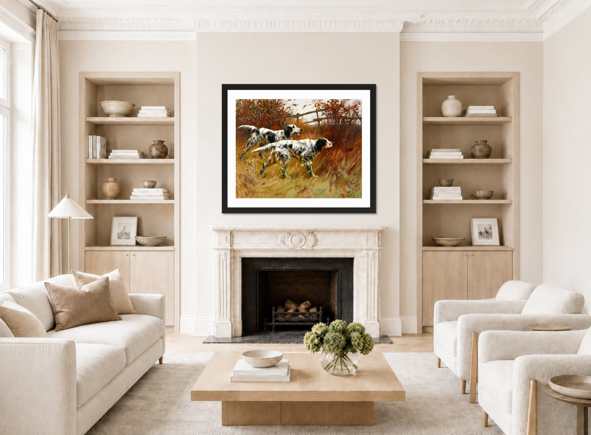 Thomas Blinks Print, English Setters displayed in a Scandinavian living room