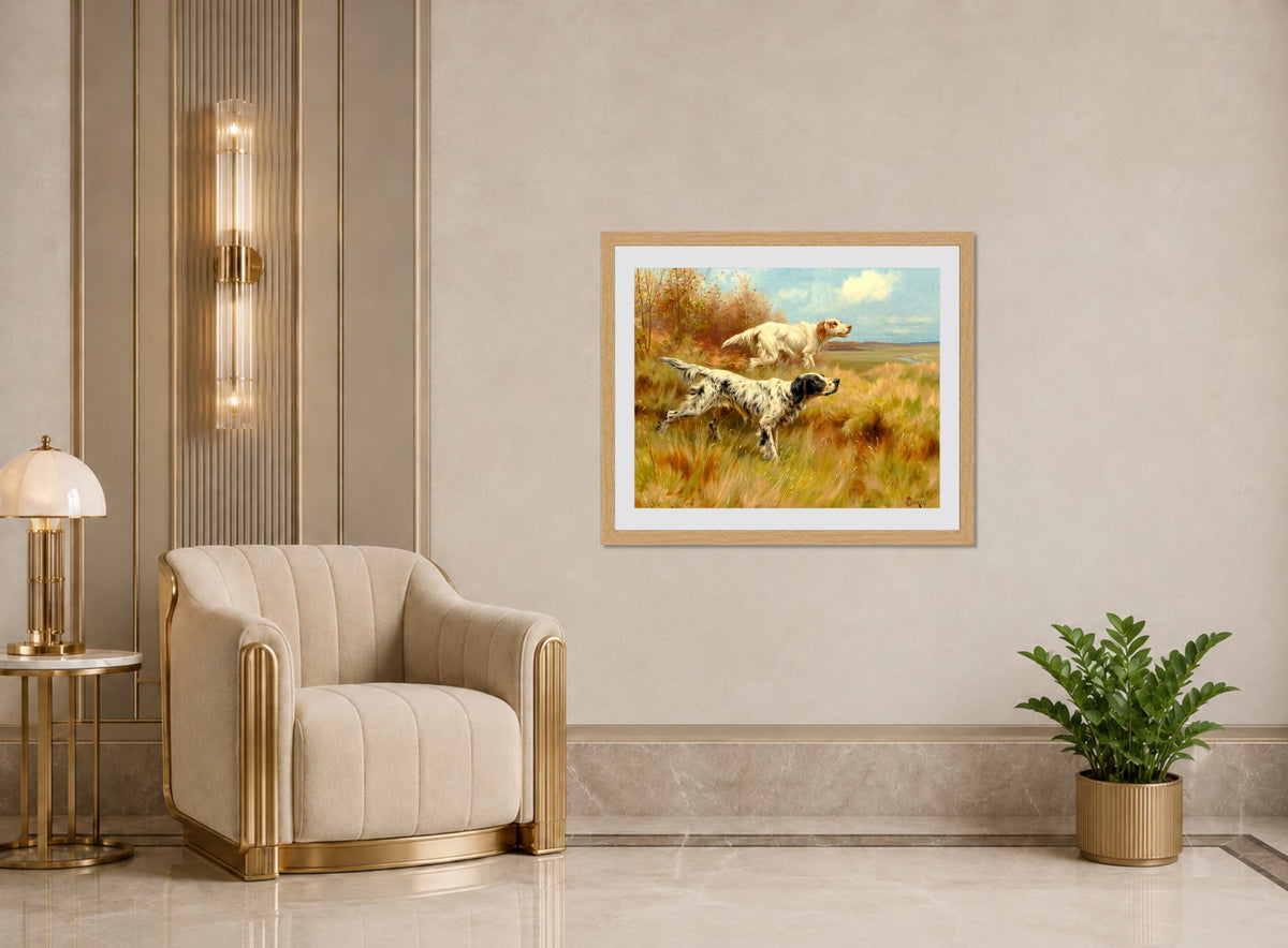 Thomas Blinks Print, English setters on point displayed in an Art Deco interior