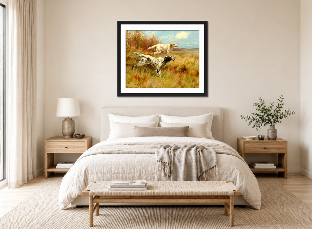 Thomas Blinks Print, English setters on point displayed above a bed