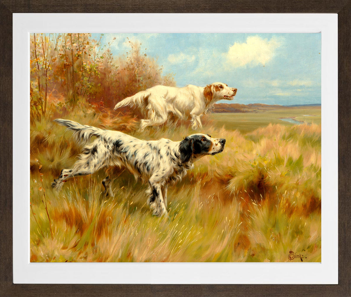 Thomas Blinks Print, English setters on point in a brown frame