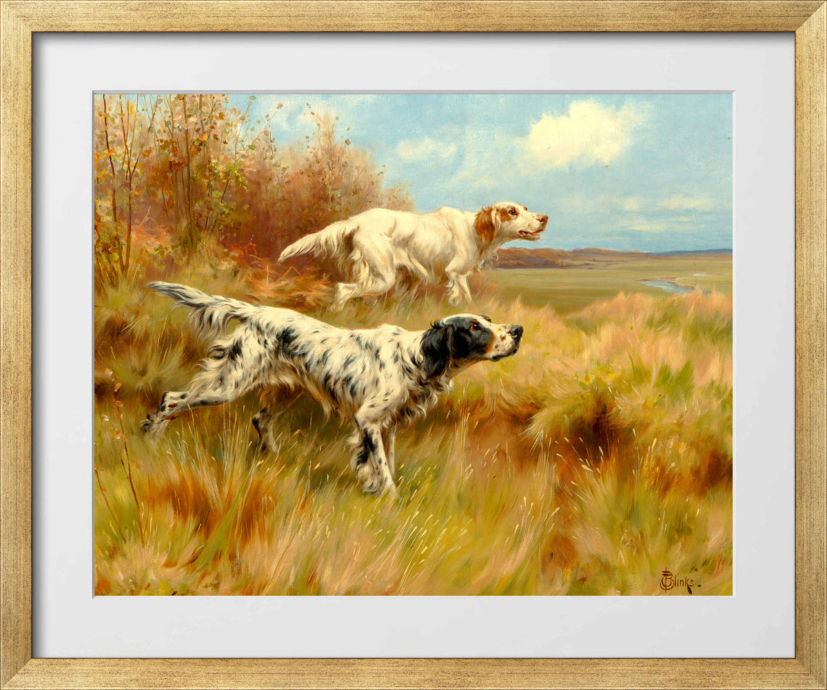 Thomas Blinks Print, English setters on point in a gold frame