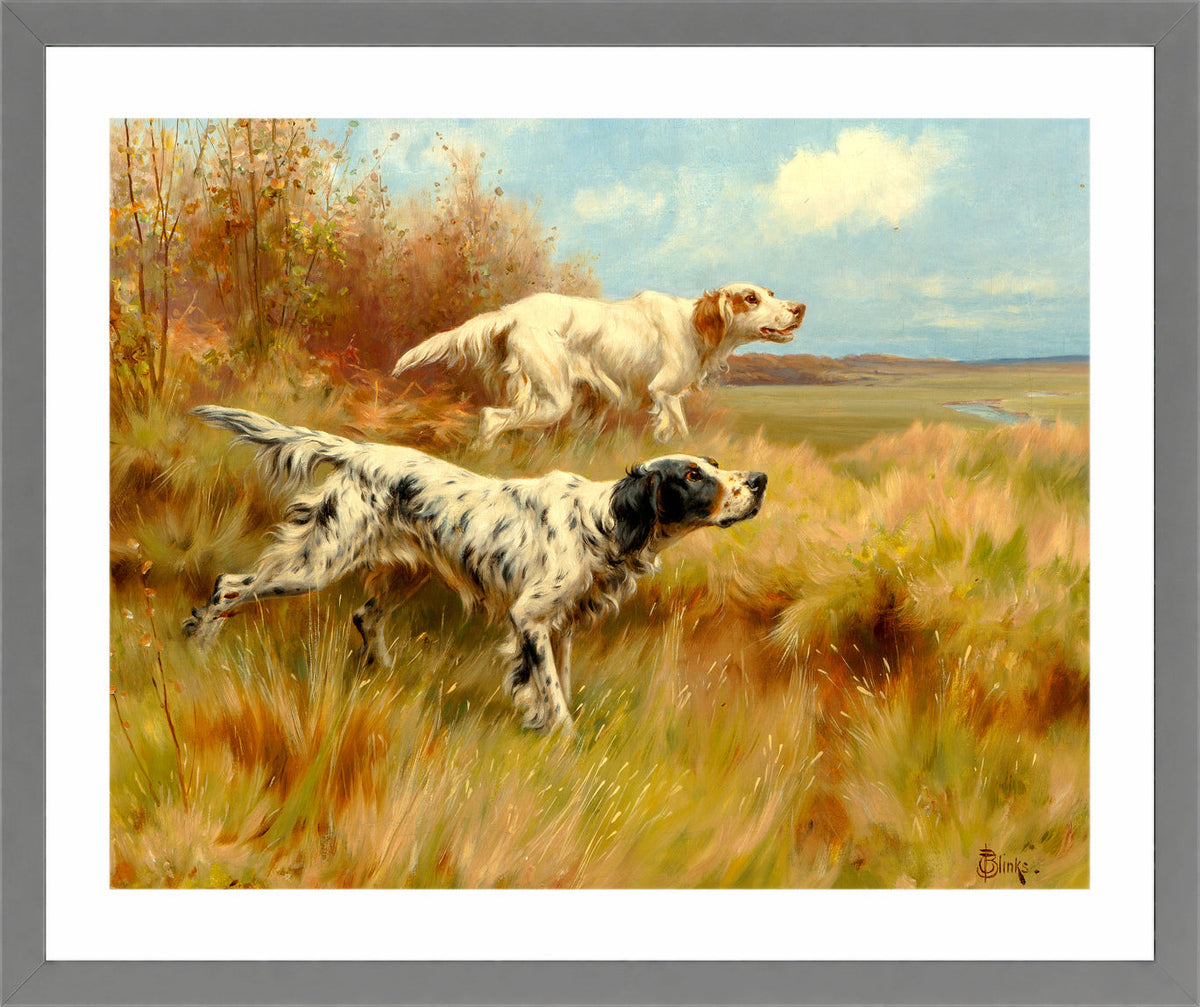 Thomas Blinks Print, English setters on point in a light grey frame