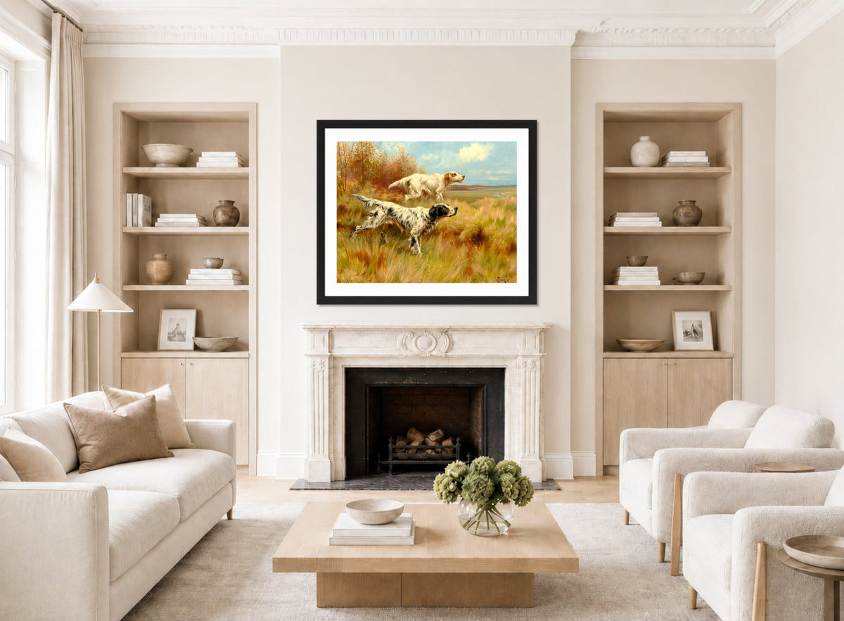 Thomas Blinks Print, English setters on point displayed in a Scandinavian living room