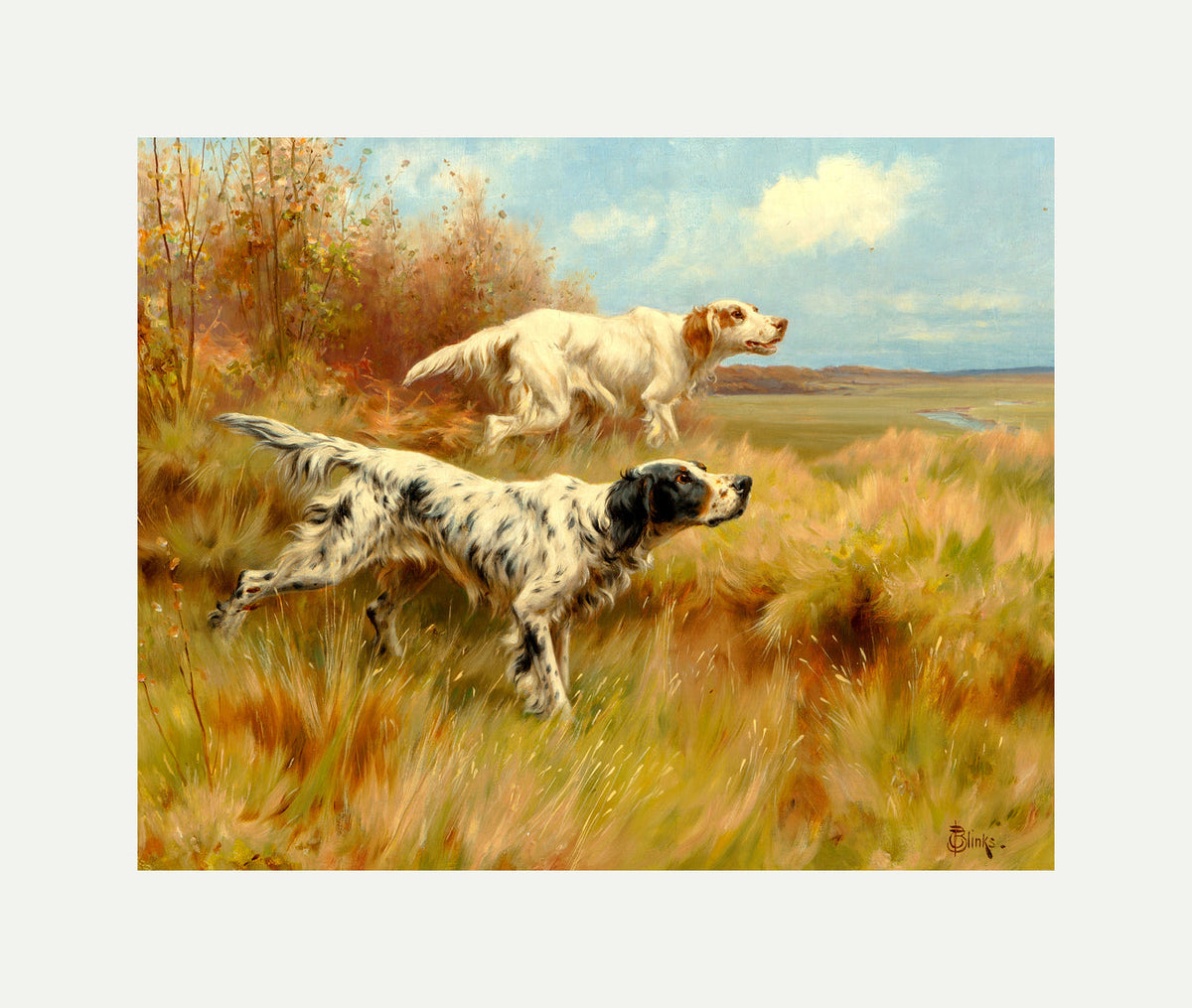 Thomas Blinks Print, English setters on point with an off-white border for rolled canvas
