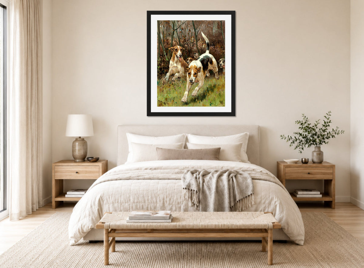 Thomas Blinks Print, Hunting pack coming on (1886) displayed above a bed