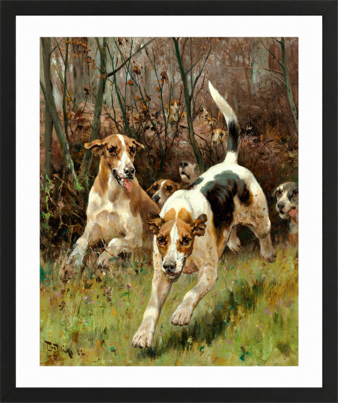 Thomas Blinks Print, Hunting pack coming on (1886) in a black frame