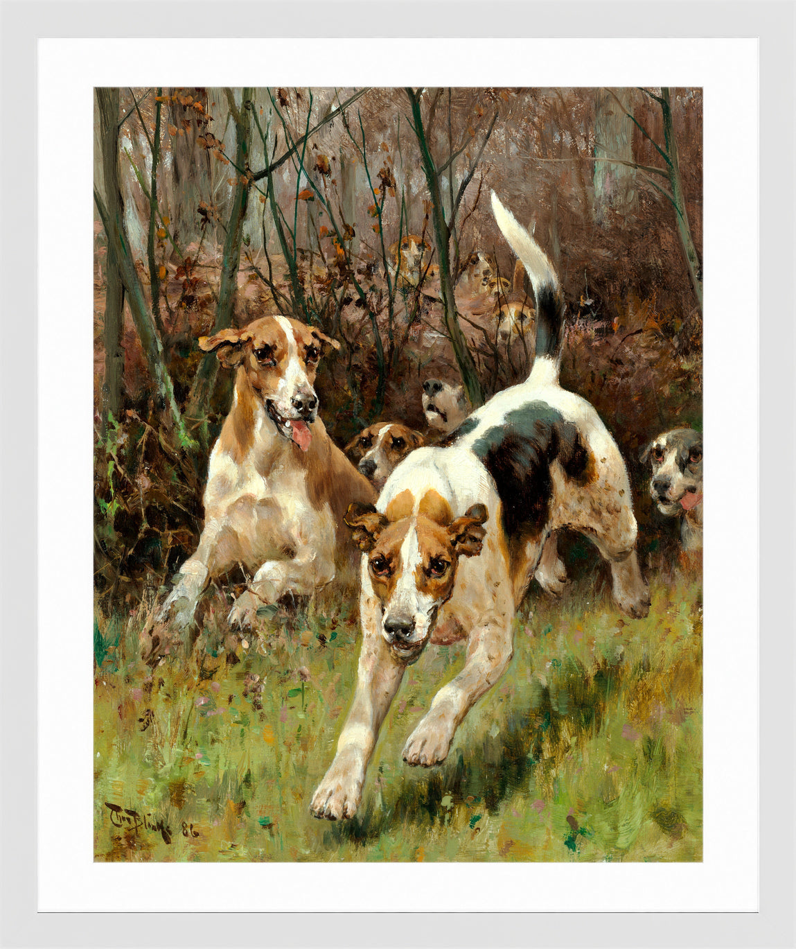 Thomas Blinks Print, Hunting pack coming on (1886) in a white frame