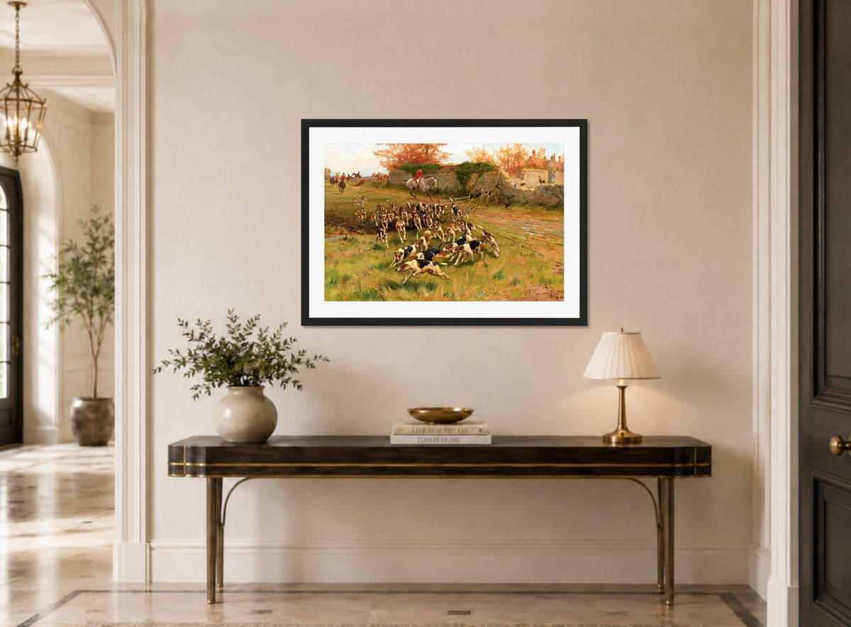 Thomas Blinks Print, In full cry (1897) displayed above a console table