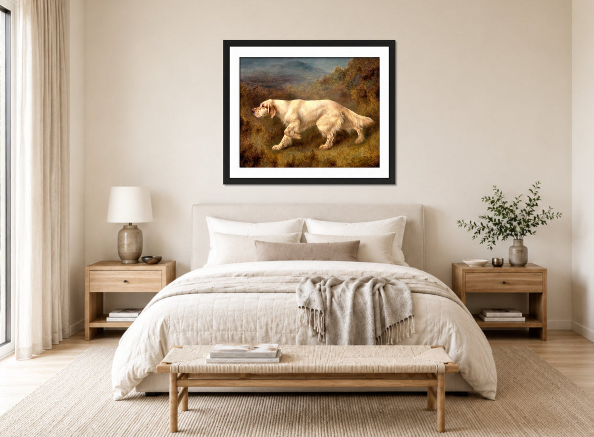 Thomas Blinks Print, Mallwyd Ned displayed above a bed