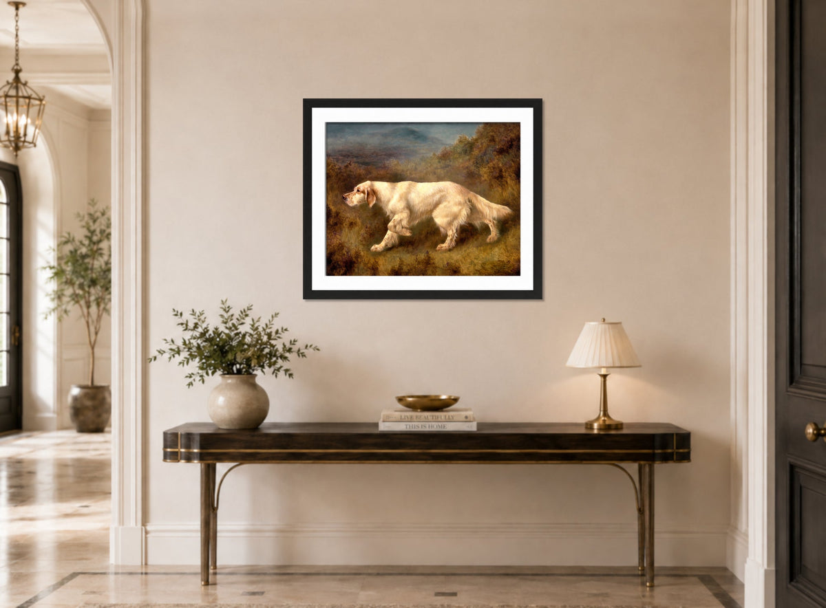 Thomas Blinks Print, Mallwyd Ned displayed above a console table