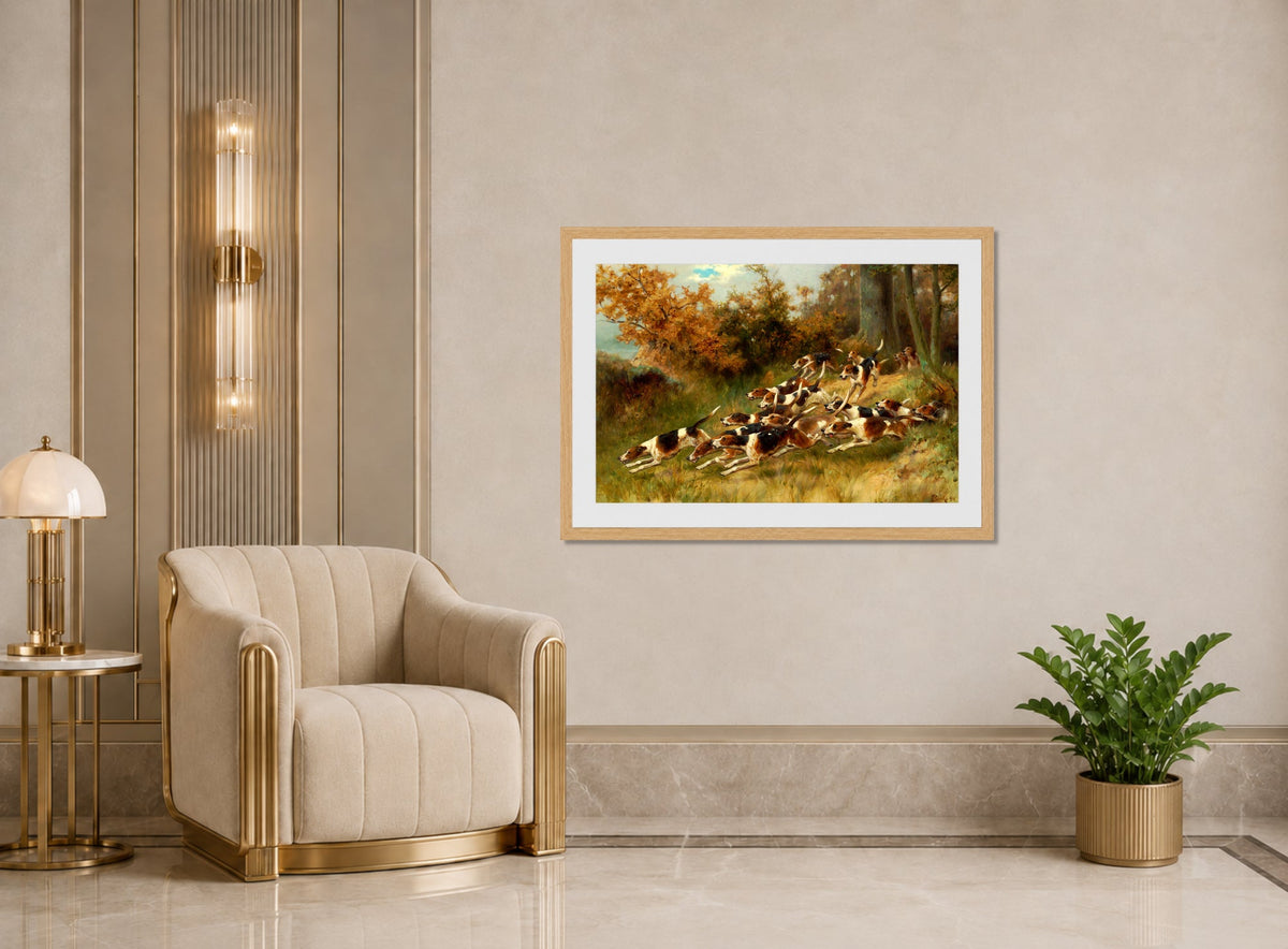 Thomas Blinks Print, On the scent (1891) displayed in an Art Deco interior