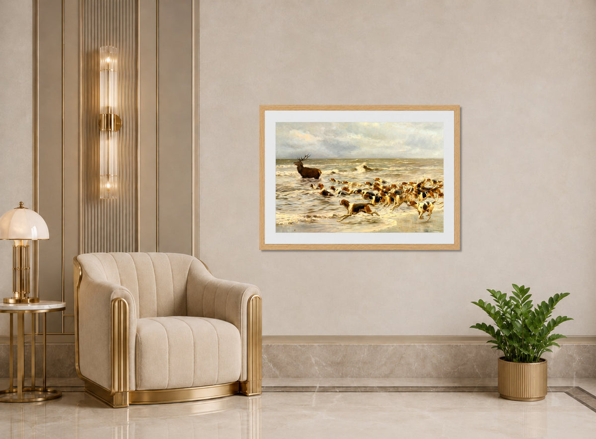 Thomas Blinks Print, The Chase displayed in an Art Deco interior