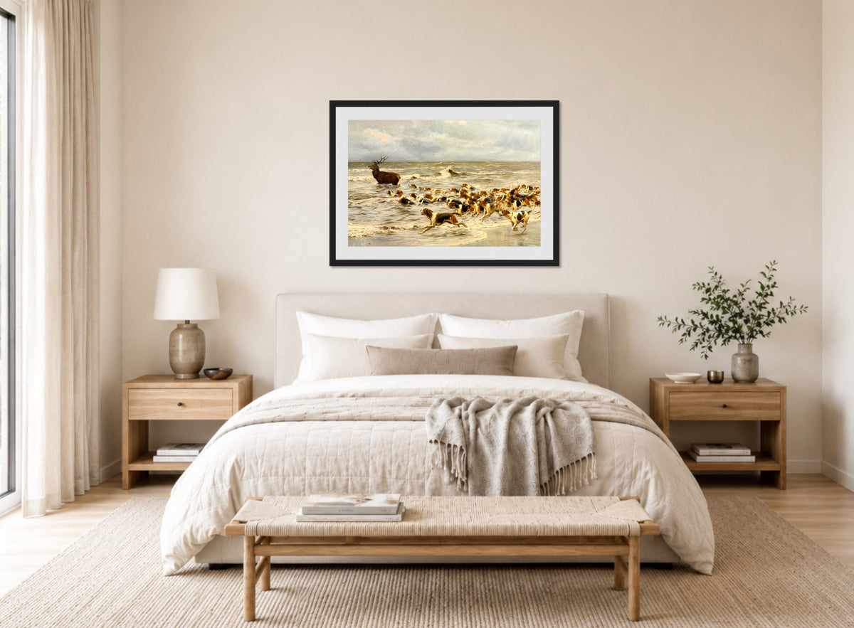 Thomas Blinks Print, The Chase displayed above a bed