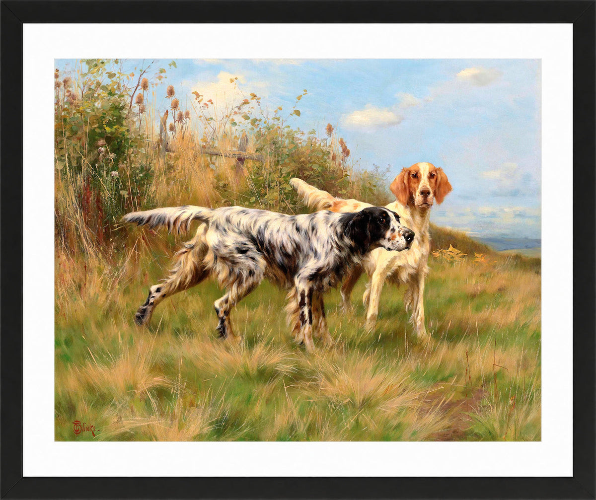 Thomas Blinks Print, Two English setters in a black frame