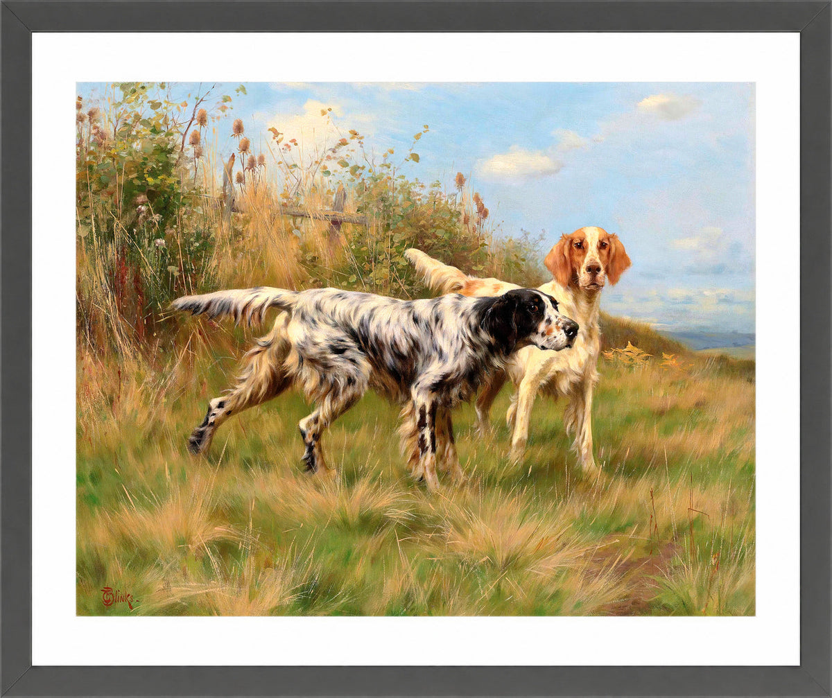 Thomas Blinks Print, Two English setters in a dark grey frame