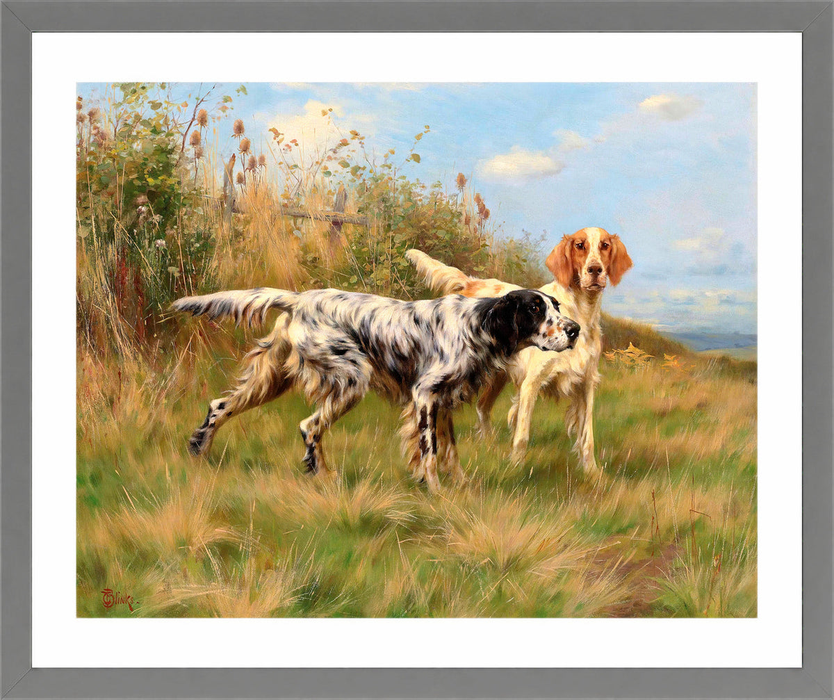 Thomas Blinks Print, Two English setters in a light grey frame