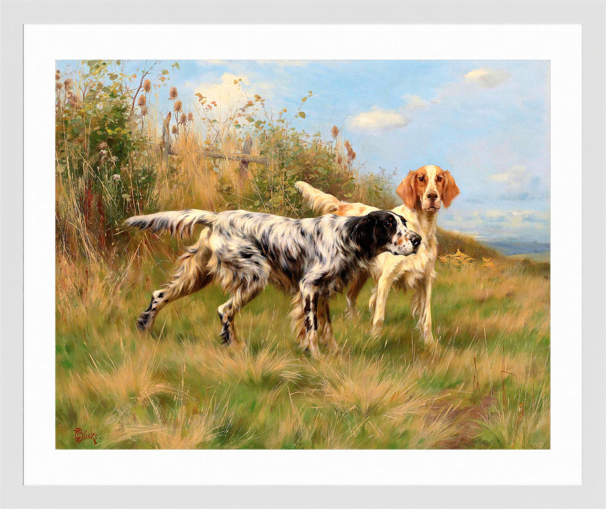 Thomas Blinks Print, Two English setters in a white frame