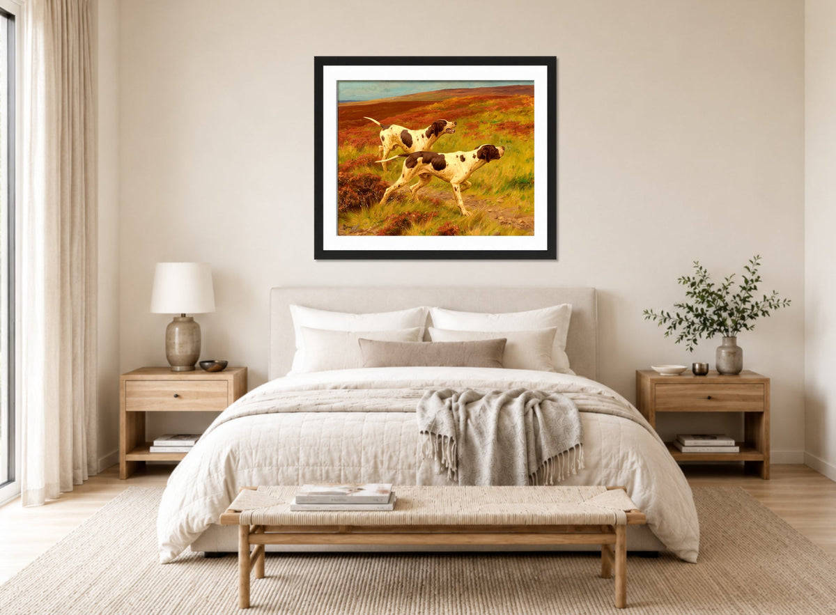 Thomas Blinks Print, Two pointers in the heather displayed above a bed