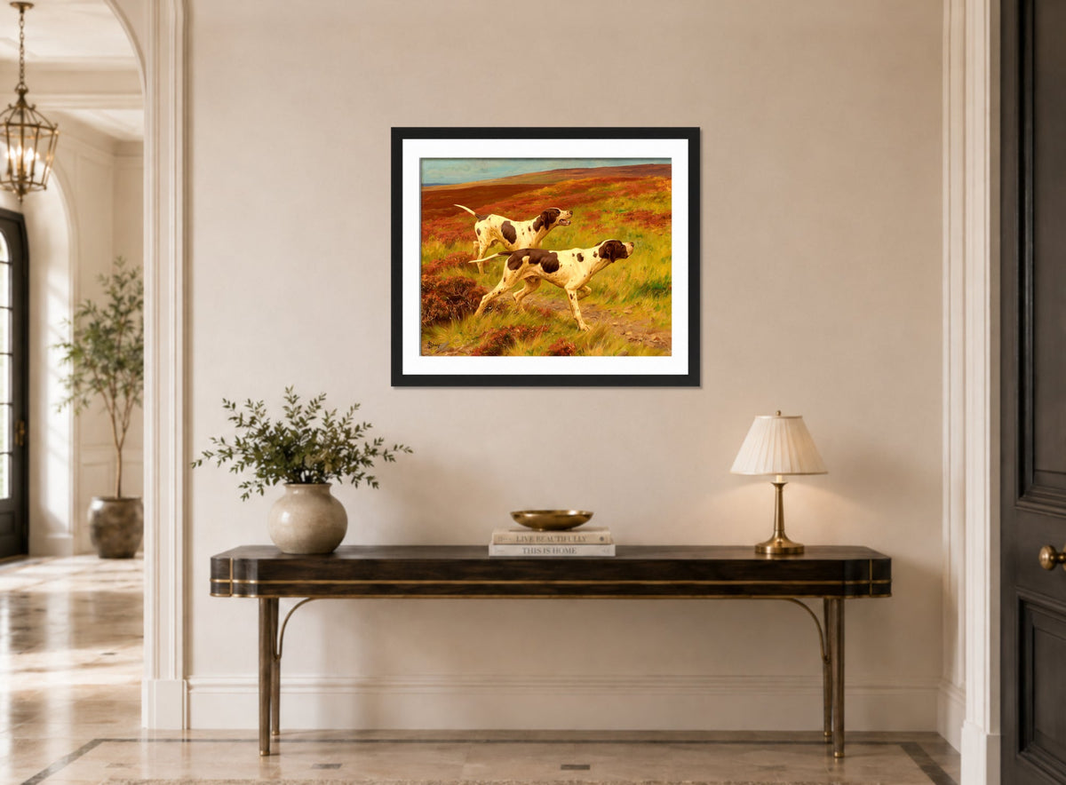 Thomas Blinks Print, Two pointers in the heather displayed above a console table