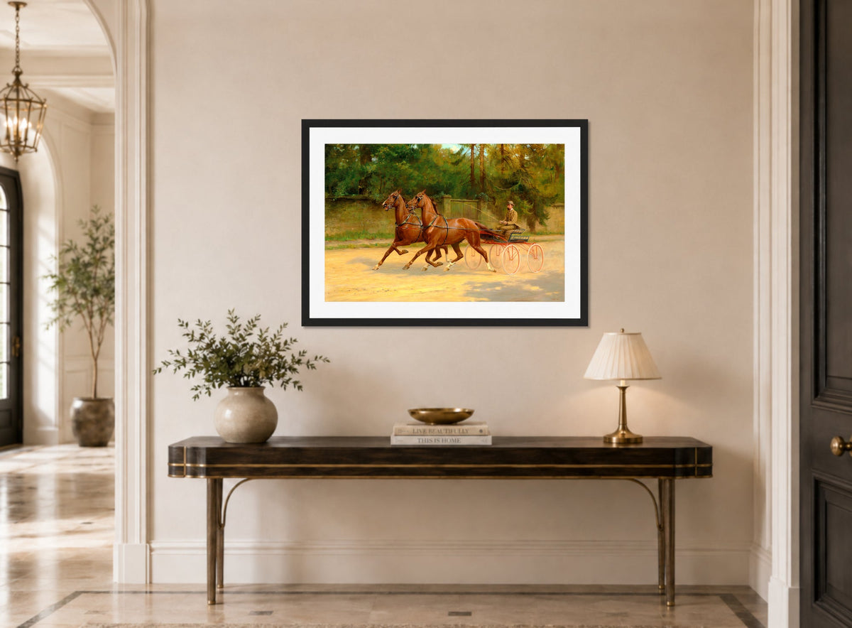 Thomas Blinks Print, Walter Winans driving a carriage (1900) displayed above a console table
