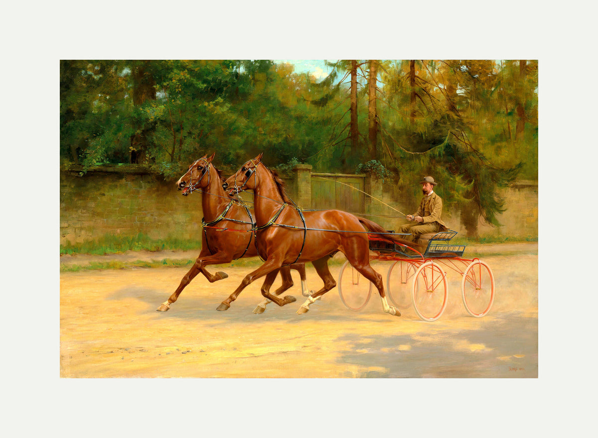 Thomas Blinks Print, Walter Winans driving a carriage (1900) with an off-white border for rolled canvas