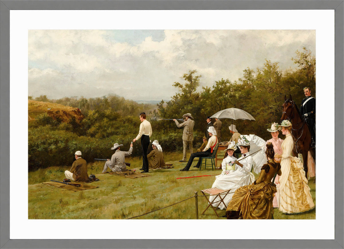 Thomas Blinks Print, Walter Winans On The Running Deer Range, Wimbledon Common (1888 ) in a light grey frame