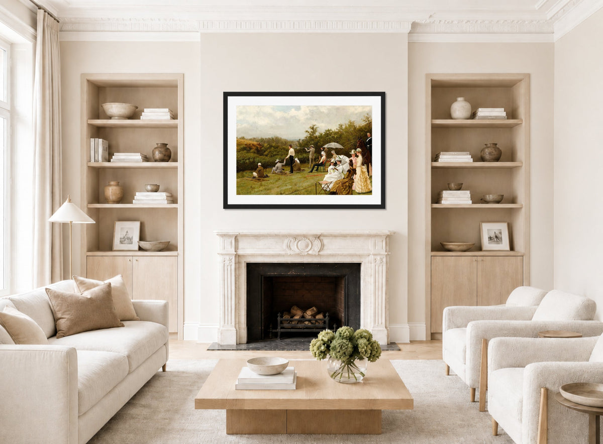 Thomas Blinks Print, Walter Winans On The Running Deer Range, Wimbledon Common (1888 ) displayed in a Scandinavian living room