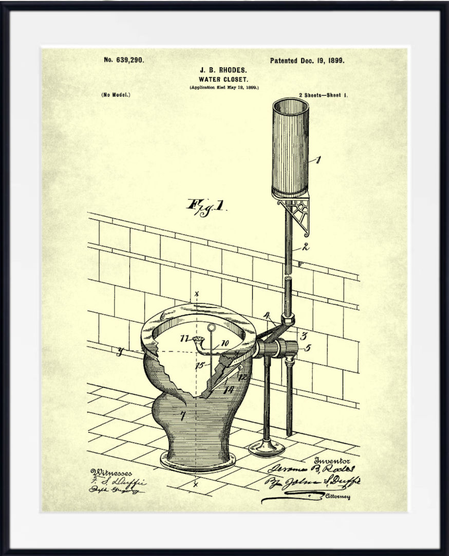 A framed vintage patent print of a toilet - unique bathroom wall art