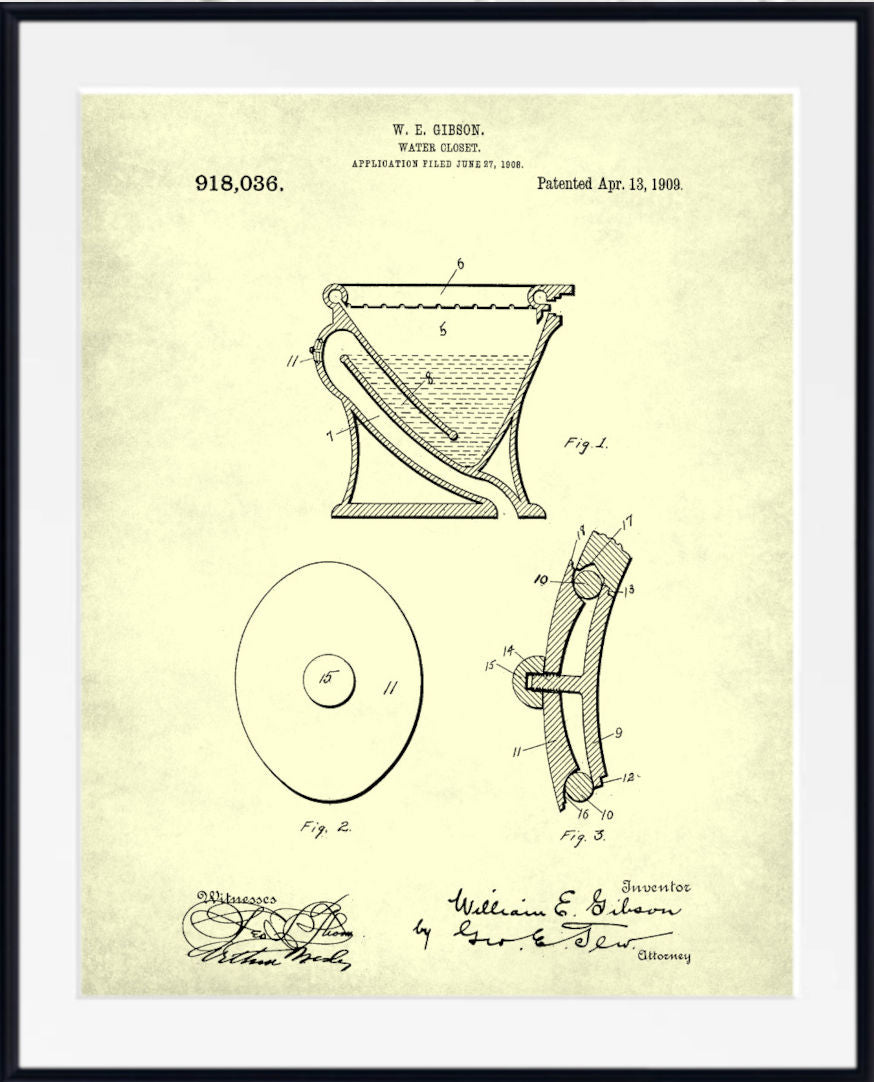 A framed vintage patent print for an apparatus for holding liquid, dated April 13, 1939, shown on a light beige background with black technical drawings and signatures, enclosed in a black frame with a white mat.