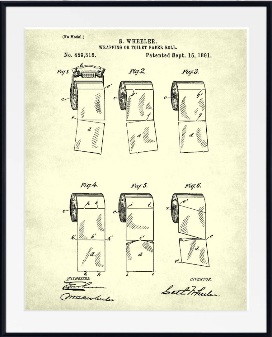 A framed vintage patent print of S. Wheeler's toilet paper roll, showing six illustrated views of the toilet paper on aged cream paper with black text and line drawings, set in a black frame with a white mat.