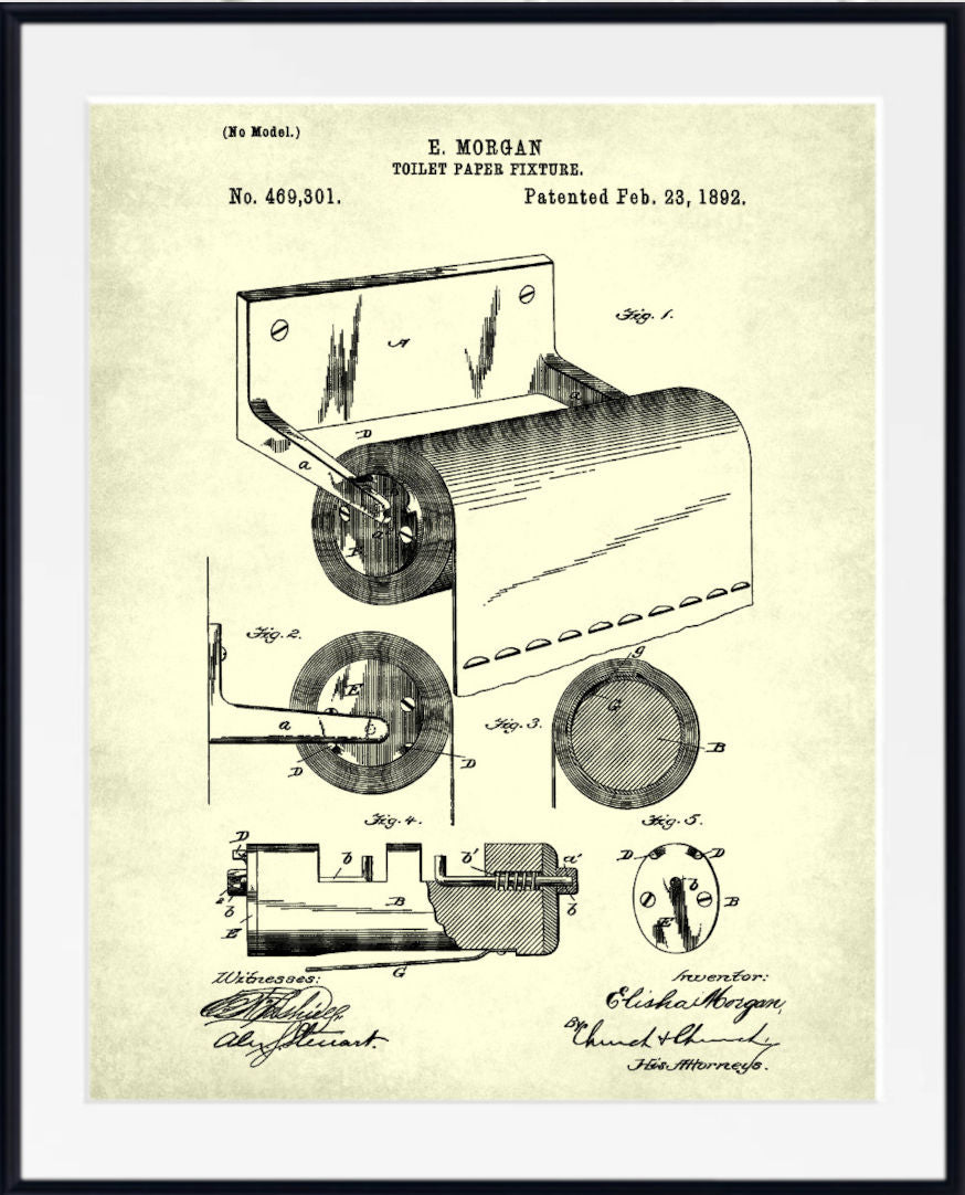 A framed vintage patent print of E. Morgan's toilet paper feeder, dated February 23, 1992, featuring black technical line drawings on an aged cream paper background, enclosed in a black frame.