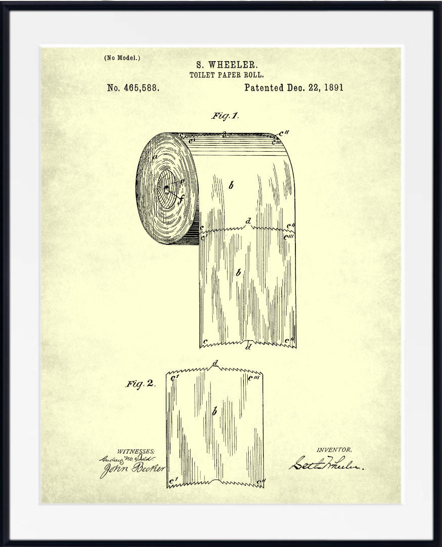 A framed vintage patent print for a toilet paper roll, showing technical drawings and text on an aged cream background, presented in a black frame with a white mat.