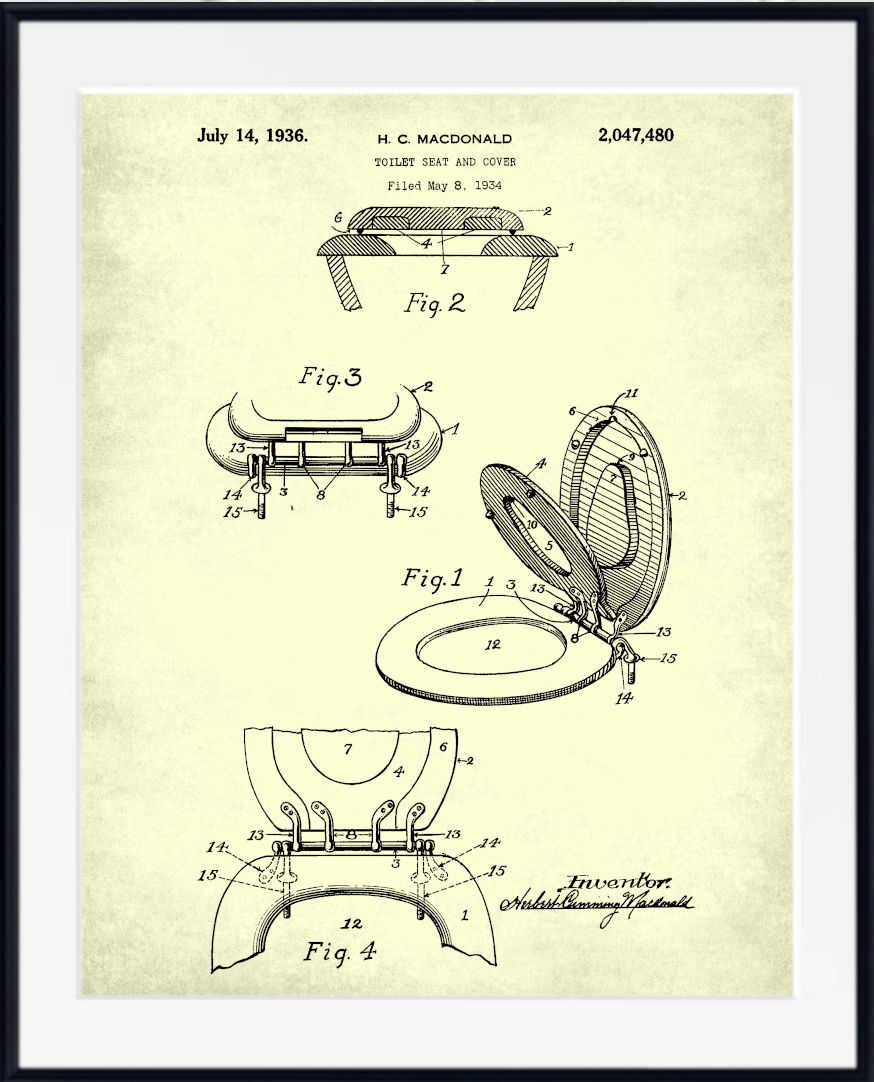 Vintage patent art print of a toilet seat and cover, featuring technical illustrations and text on an aged cream background, framed in black with a white mat.