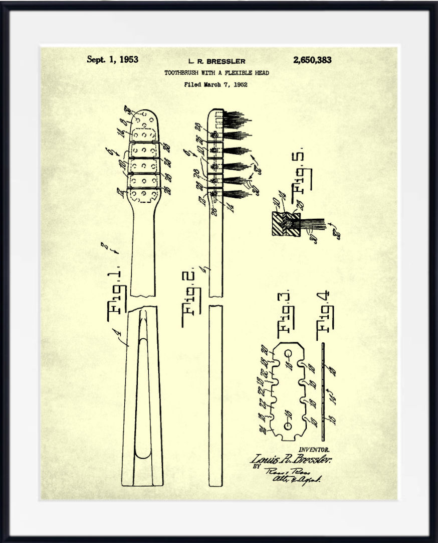 A framed vintage patent print of a toothbrush head design by L. R.