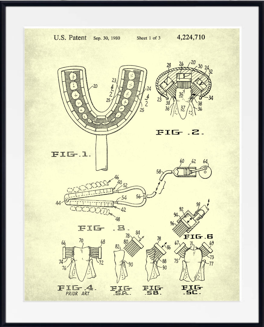 A framed vintage U.S. toothbrush patent illustration - a unique bathroom wall art piece