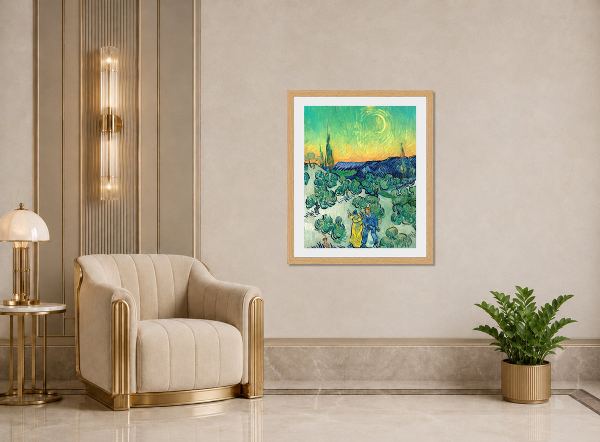 Vincent van Gogh Print, 018 Couple Walking among Olive Trees in a Mountainous Landscape with Crescent Moon_10x8 displayed in an Art Deco interior