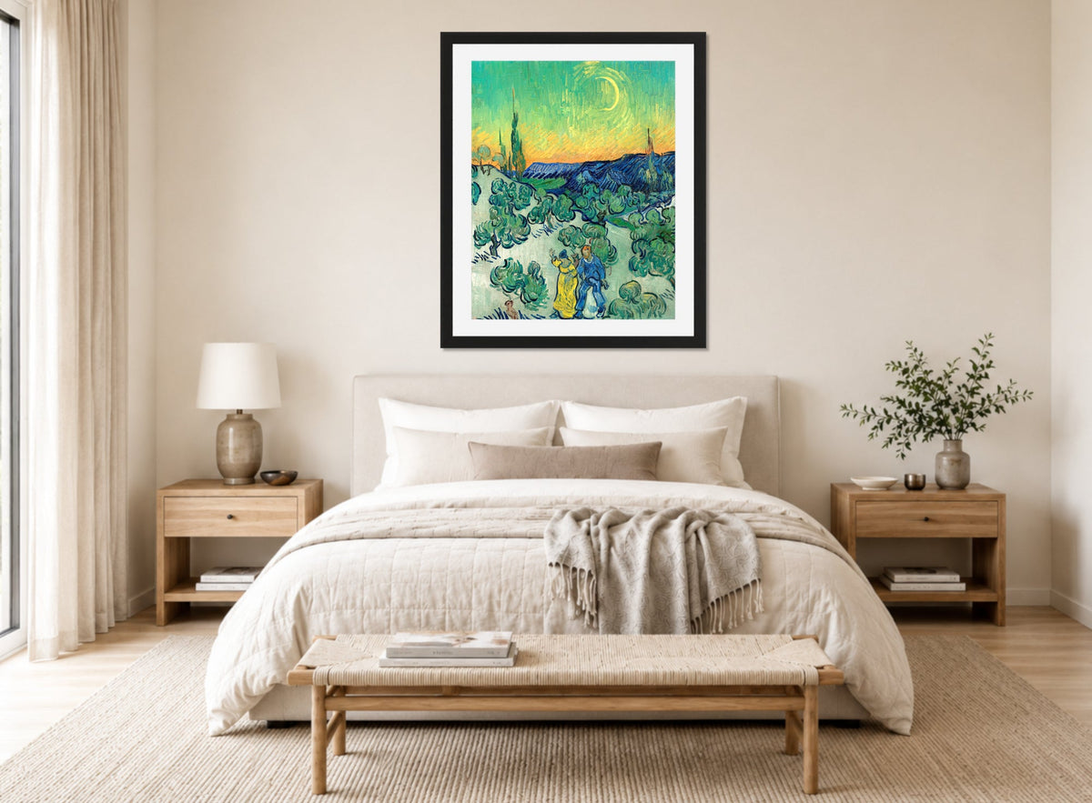 Vincent van Gogh Print, 018 Couple Walking among Olive Trees in a Mountainous Landscape with Crescent Moon_10x8 displayed above a bed