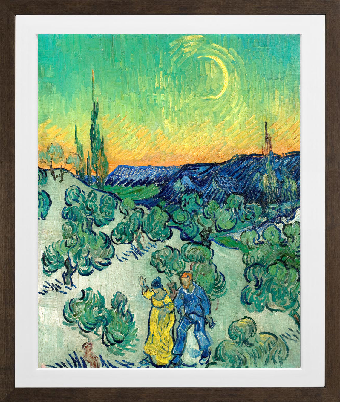 Vincent van Gogh Print, 018 Couple Walking among Olive Trees in a Mountainous Landscape with Crescent Moon_10x8 in a brown frame