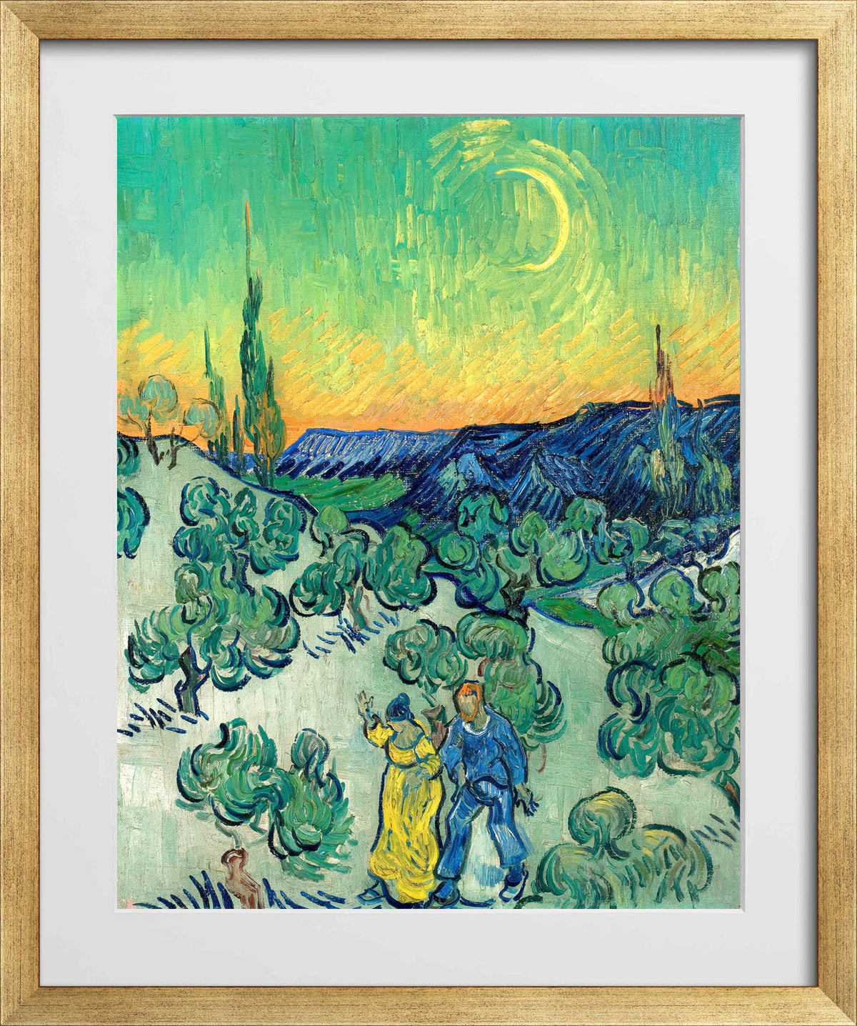 Vincent van Gogh Print, 018 Couple Walking among Olive Trees in a Mountainous Landscape with Crescent Moon_10x8 in a gold frame