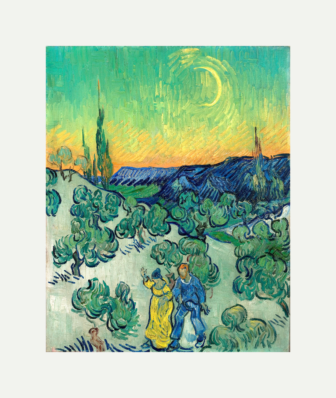 Vincent van Gogh Print, 018 Couple Walking among Olive Trees in a Mountainous Landscape with Crescent Moon_10x8 with an off-white border for rolled canvas