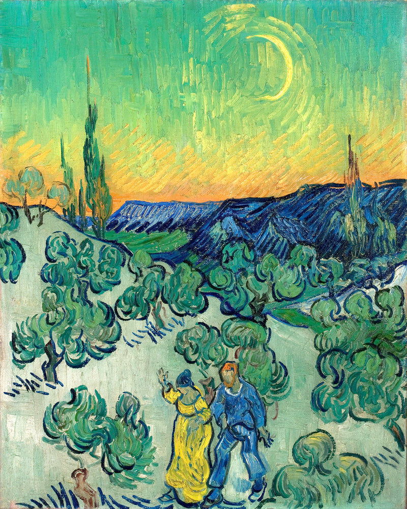 Vincent van Gogh Print, 018 Couple Walking among Olive Trees in a Mountainous Landscape with Crescent Moon_10x8 as an unframed print