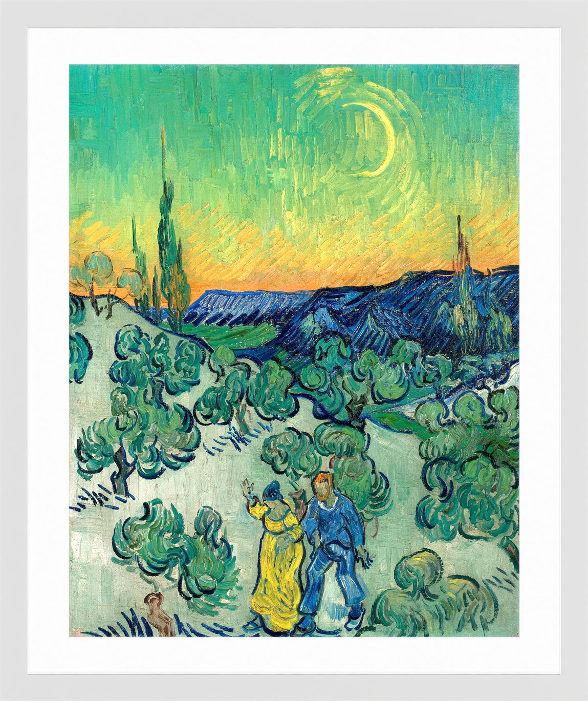 Vincent van Gogh Print, 018 Couple Walking among Olive Trees in a Mountainous Landscape with Crescent Moon_10x8 in a white frame