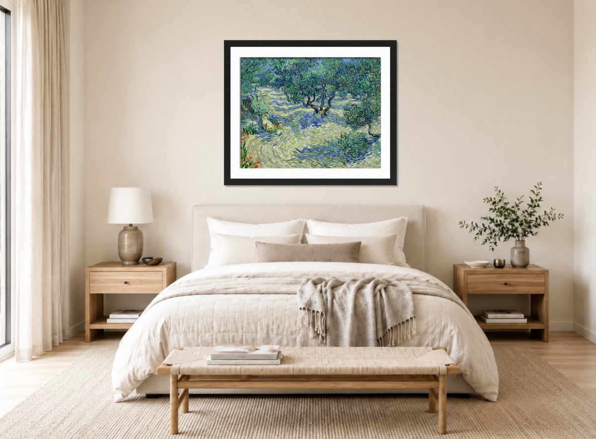 Vincent van Gogh Print, 022 Olive Orchard (June)_10x8 displayed above a bed