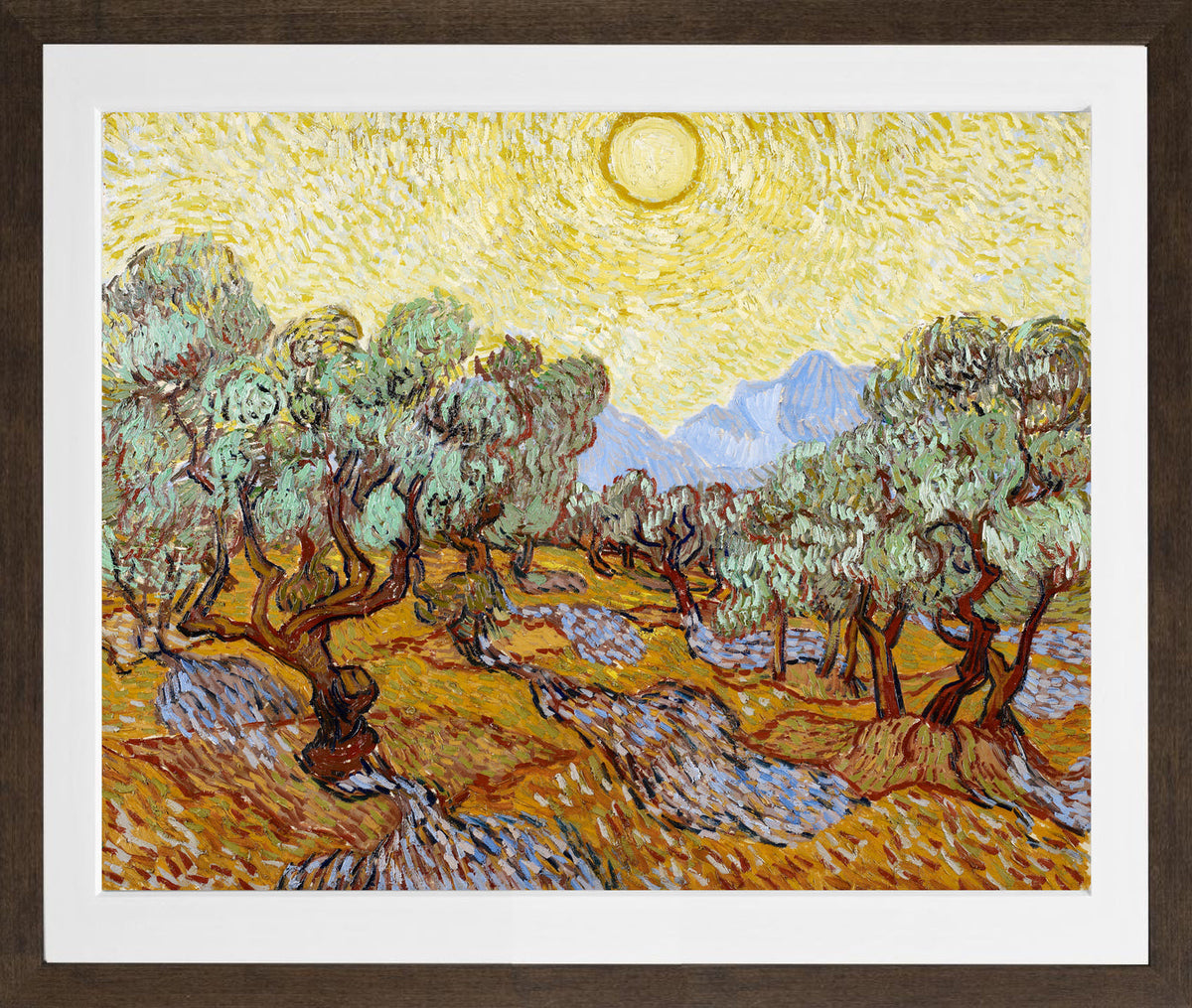 Vincent van Gogh Print, 027 Olive Trees with Yellow Sky and Sun_10x8 in a brown frame
