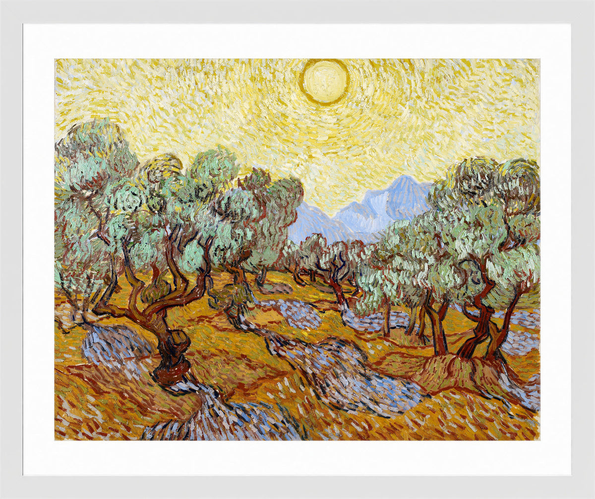 Vincent van Gogh Print, 027 Olive Trees with Yellow Sky and Sun_10x8 in a white frame