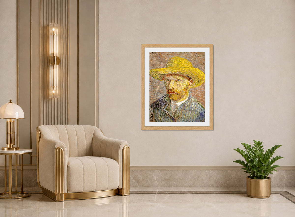 Vincent van Gogh Print, 033 Self-Portrait with Straw Hat_10x8 displayed in an Art Deco interior