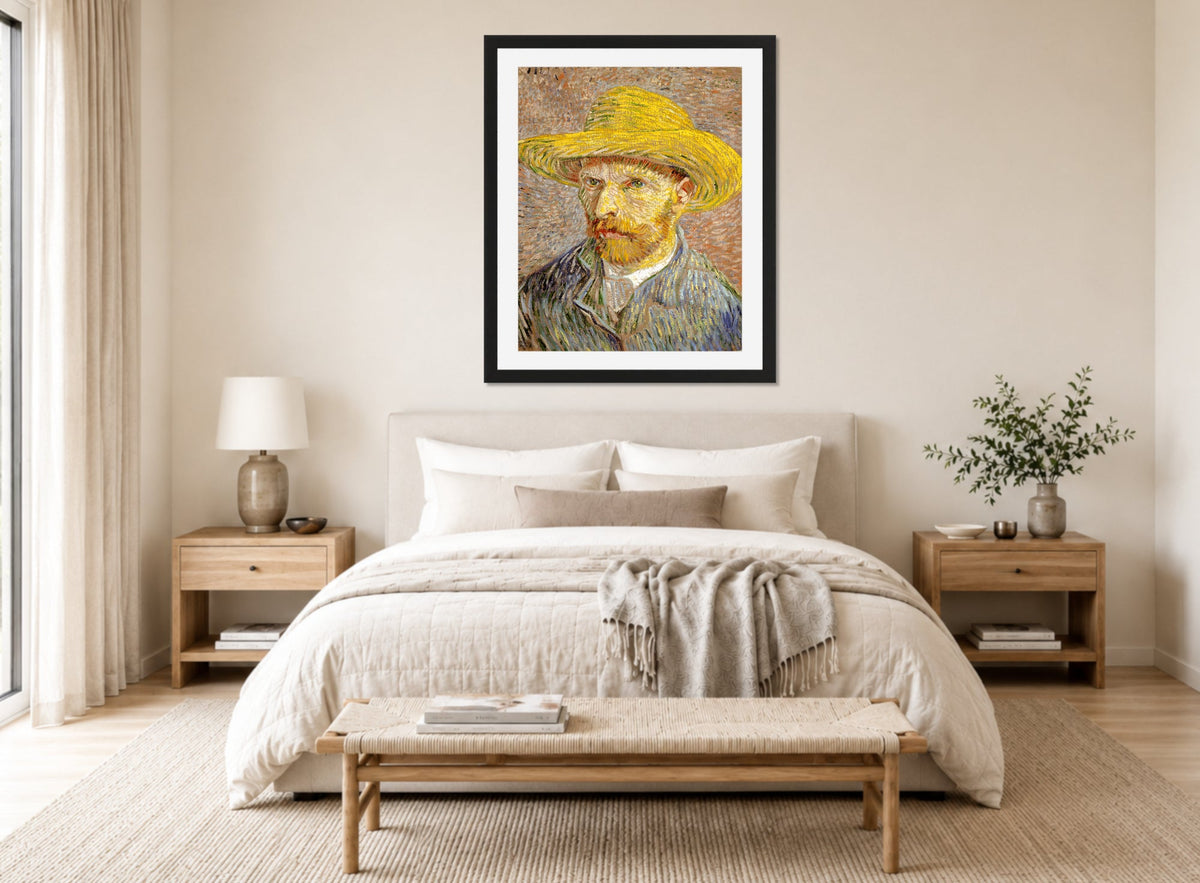 Vincent van Gogh Print, 033 Self-Portrait with Straw Hat_10x8 displayed above a bed